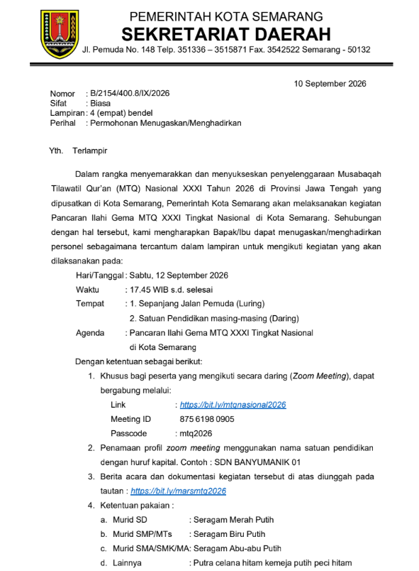 Permohonan Menugaskan/Menghadirkan Peserta dalam rangka menyemarakkan dan menyukseskan penyelenggaraan Musabaqah Tilawatil Qur’an (MTQ) Nasional XXXI Tahun 2026 di Provinsi Jawa Tengah yang dipusatkan di Kota Semarang
